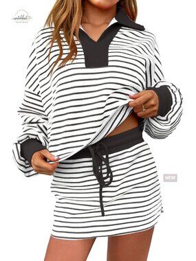 Large Striped Sweatshirt Skirt Set Long Sleeve Lounge Workout Activewear